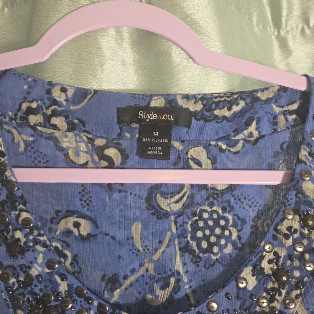 Style & Co Blue Floral Top with Studded Details